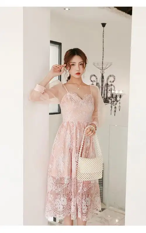 衣阁里拉2020年新款春装女粉色蕾丝网纱连衣裙仙女仙名媛气质显瘦度假