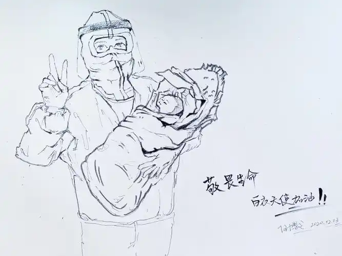 作品《白衣天使加油!》速写8开,作者:任博文