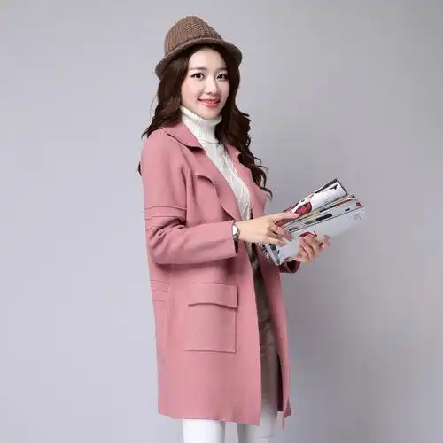 秋冬新款女式韩版纯色 针织大衣 宽松时尚精品开衫加厚外套女-现代家