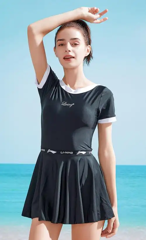 李宁泳衣女泡温泉2021年新款时尚连体游泳衣遮肚显瘦大码保守套装193