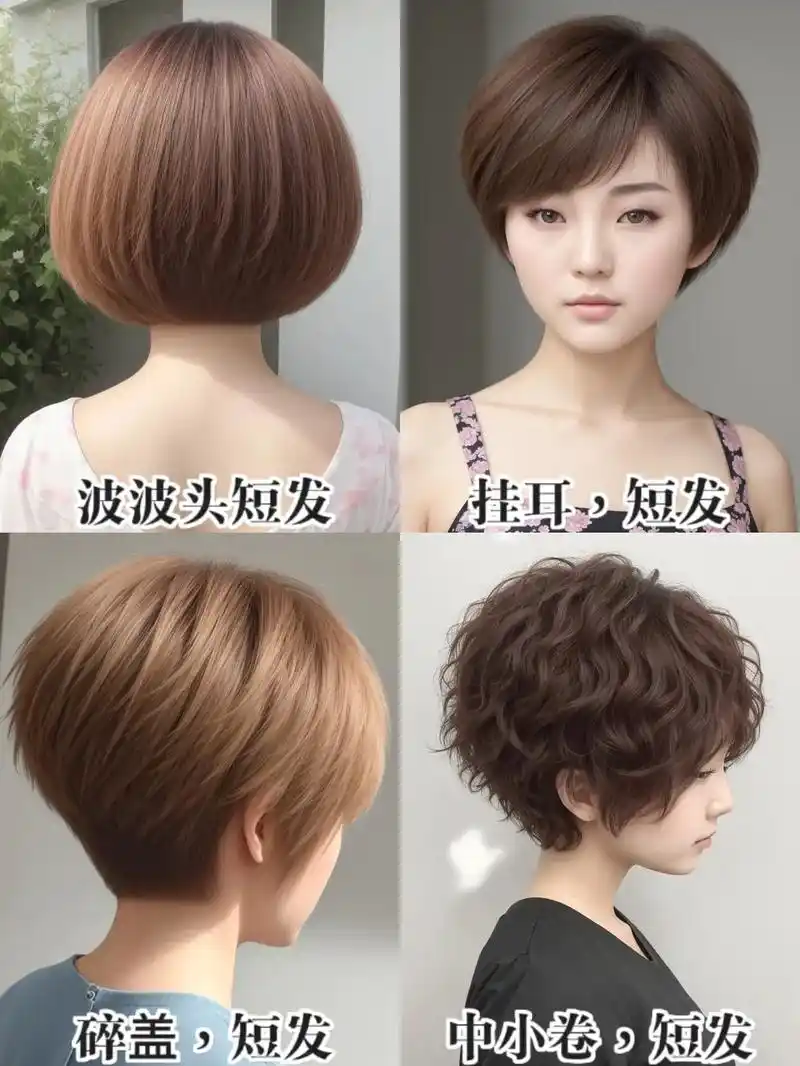 夏季女士短发发型: 碎发,中小卷,偏分.