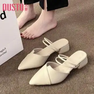 大东dusto包头凉鞋女款夏季外穿气质中粗跟尖头半拖鞋两穿凉拖穆勒高