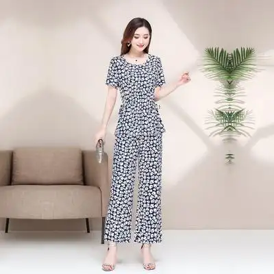 人造棉绸套装女时尚可外穿夏季新款妈妈洋气短袖微喇九分裤两件套