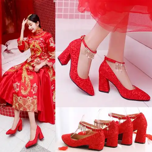 红鞋婚鞋女红色高跟中式结婚鞋子粗跟婚纱照婚礼新娘鞋敬酒秀禾鞋