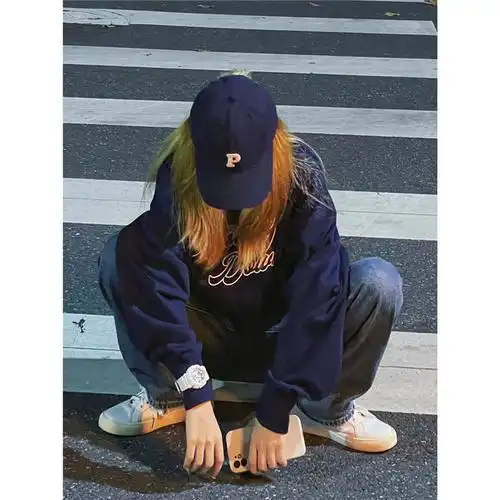 官图美式复古hiphop秋冬藏青色卫衣女oversize**小众高街潮ins - 17网