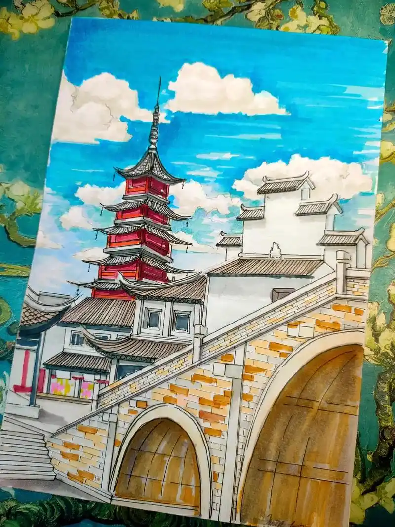 马克笔风景画《江南–千灯古镇》色稿.马克笔风景画《江南–千灯 - 抖