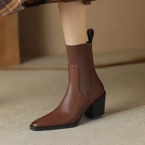 34--42码头层牛皮粗跟短靴松紧带弹力瘦瘦靴新款袜