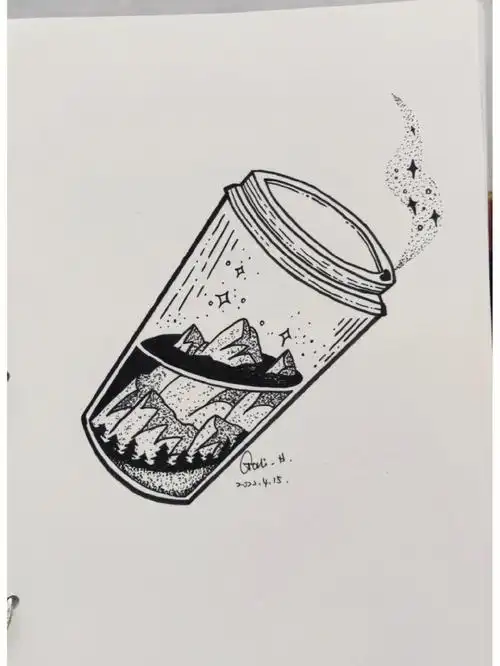415瓶中的世界黑白线描画创意简笔手绘
