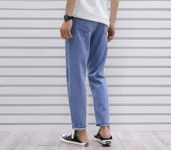 韩版复古蓝色水洗宽松直筒牛仔裤男士夏季中高牛仔裤