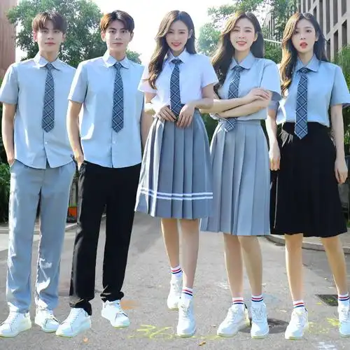 夏季毕业照白衬衫长裙英伦校园套装学院风韩国校服男女jk高中学生_eo