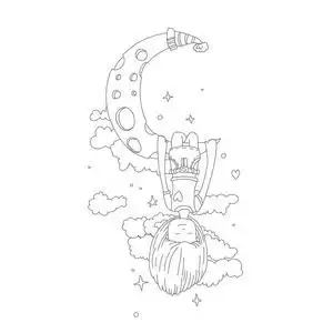 在月亮线图标上做梦的小女孩.梦想的小女孩向量动画片手画例证照片