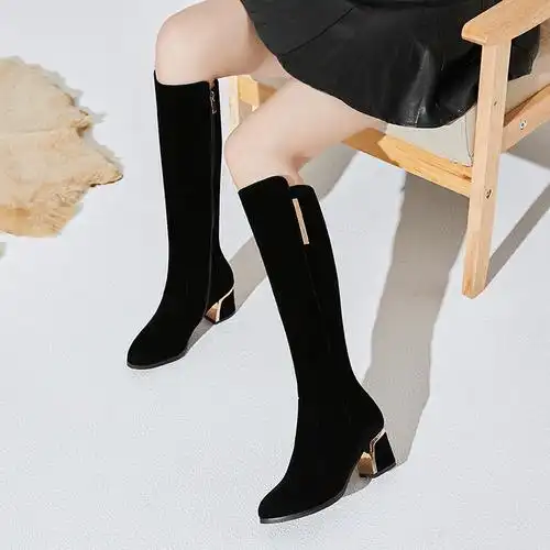 长筒靴女磨砂粗跟尖头高筒靴子瘦瘦靴秋冬季不过膝靴长靴女高跟鞋