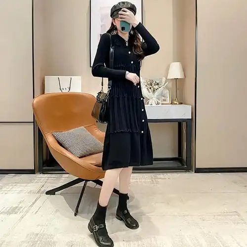 韩版长袖连衣裙子时尚气质显瘦中长款针织连衣裙女春秋2021年新款