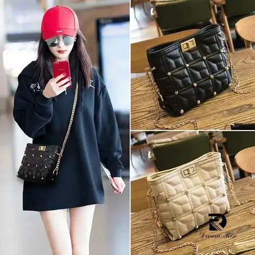 香港杨幂同款小包包2019新网红百搭菱格链条水桶真皮斜挎单肩女包