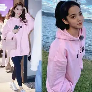 2021春秋欧阳娜娜baby杨颖同款粉色字母印花长袖卫衣休闲连帽t恤