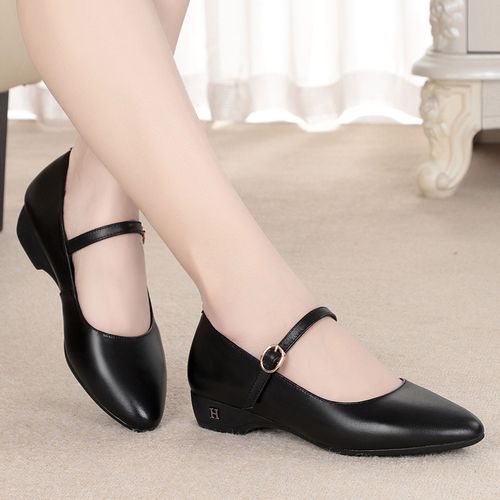 平底模特走秀鞋女妈妈鞋中老年跳舞蹈鞋中跟大码工作女鞋粗跟单鞋