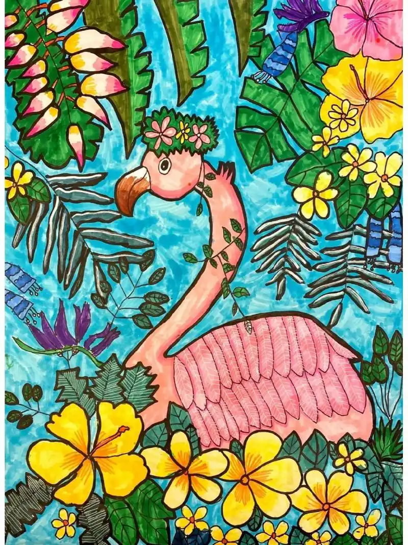 获奖作品‖优秀儿童画作品赏析 高傲美丽的火烈鸟,张牙舞爪的大鳄鱼