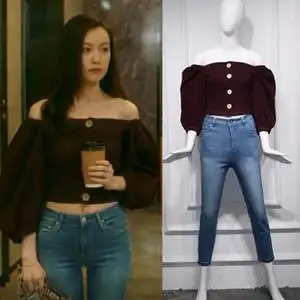 流金岁月倪妮朱锁锁同款酒红色一字肩上衣女修身显瘦衬衫牛仔裤潮