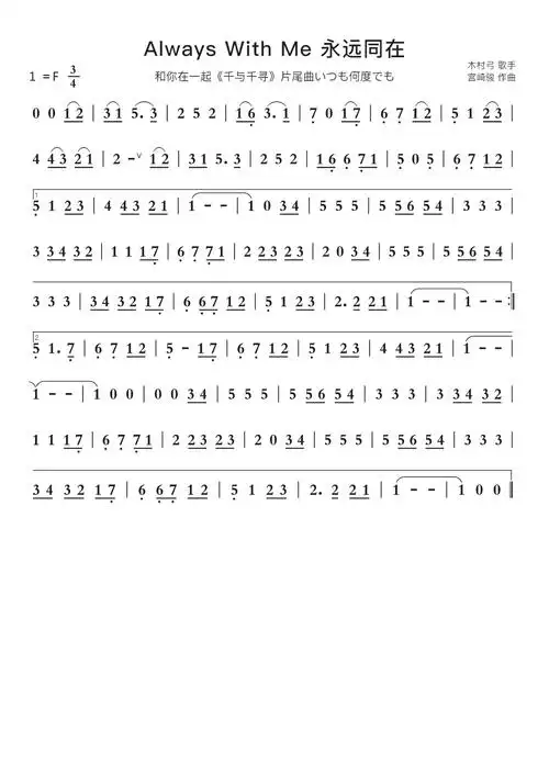 always with me 永远同在智能简谱和你在一起《千与千寻》片尾曲いつ