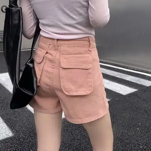 2024年新款粉色工装牛仔短裤女甜酷辣妹夏季热裤设计感宽松阔腿