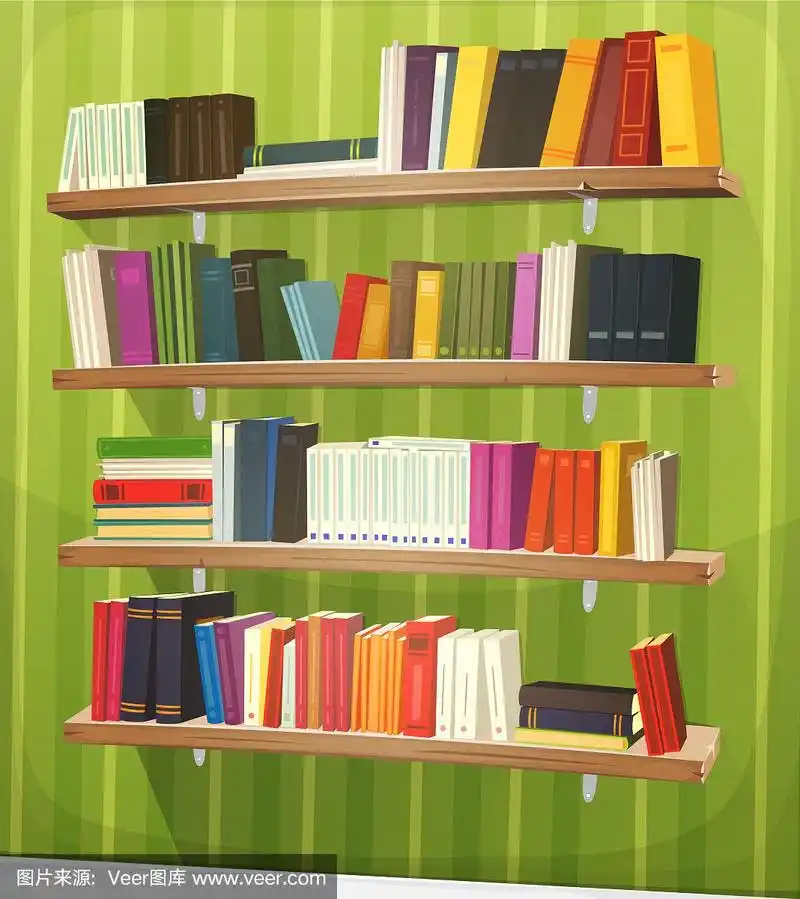 卡通图书馆的书架在墙上