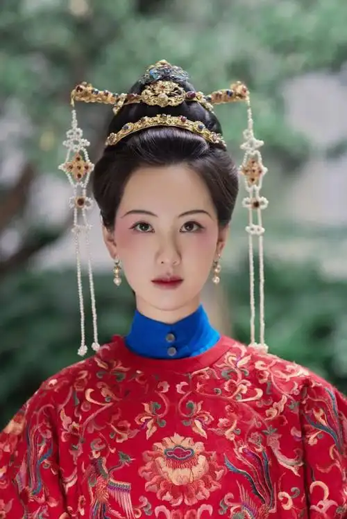 陈都灵晒新剧照身着国风婚服头戴挂珠步摇桃腮柳叶眉犹如古画