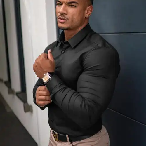 潮流衬衫男士肌肉男健身跑步运动修身寸衫高弹力收腰免烫长袖衬衣