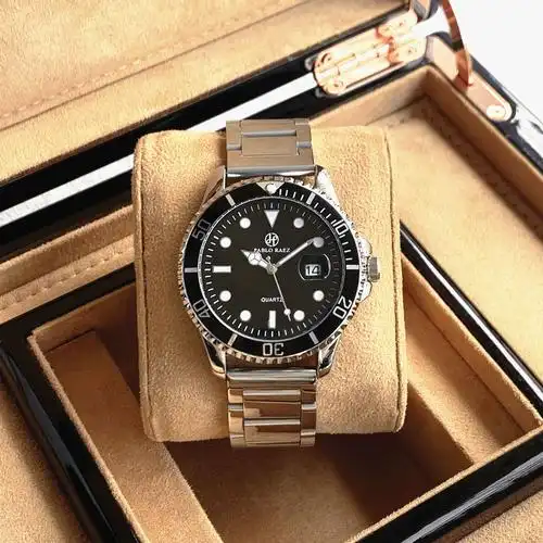 新款男表pabloraez蝴蝶扣精钢黑绿表盘石英表夜光防水手表包邮