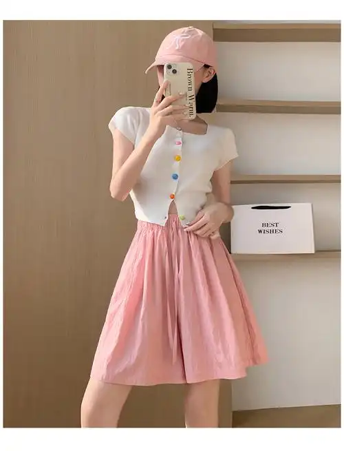 实价 官方图 冰丝山本短裤女高腰休闲显瘦粉色小个子五分阔腿裤 - 17