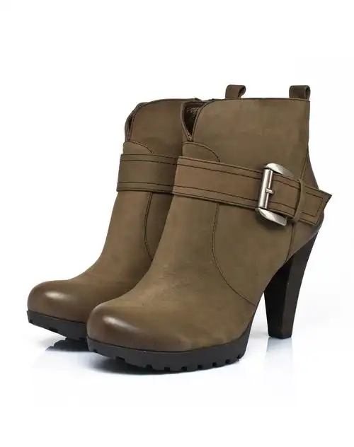 女款军绿色牛正绒超高跟矮靴