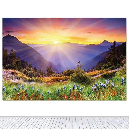 高山日出自然风景画太阳大山草地装饰画日出壁画风水墙贴自粘定制