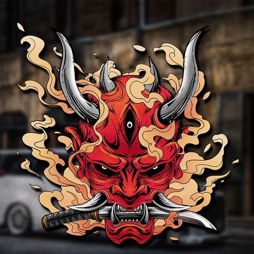 日系鬼武士车贴般若鬼武者面具贴纸和风电动车摩托车划痕贴