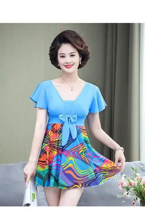 中老年人妈妈款游泳衣大码2215蓝色波纹连体泳帽4xl建议体重145160斤