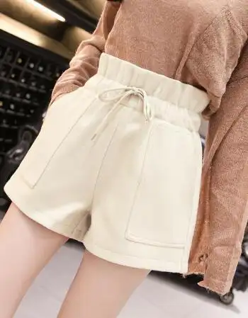 呢短裤女秋冬新款高腰韩版宽松显瘦阔腿裤打底外穿加厚裤子米白色3xl