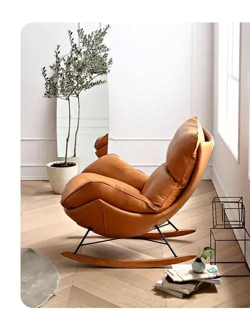 北欧牛皮摇椅躺椅客厅阳台小户型单人沙发椅家用大人休闲椅豪华椅橙色