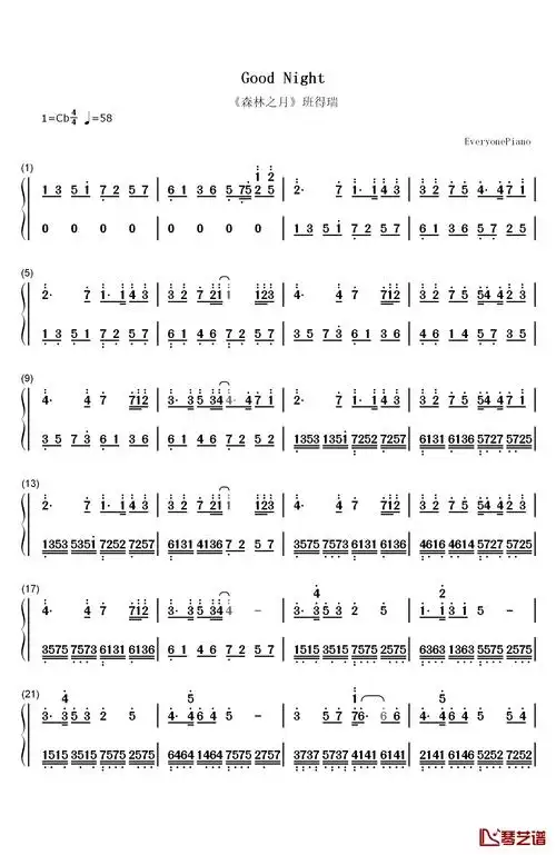 good night钢琴简谱-数字双手-班得瑞1