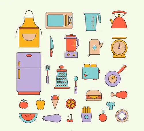 27款彩色厨房用品矢量图_生活百科_懒人图库