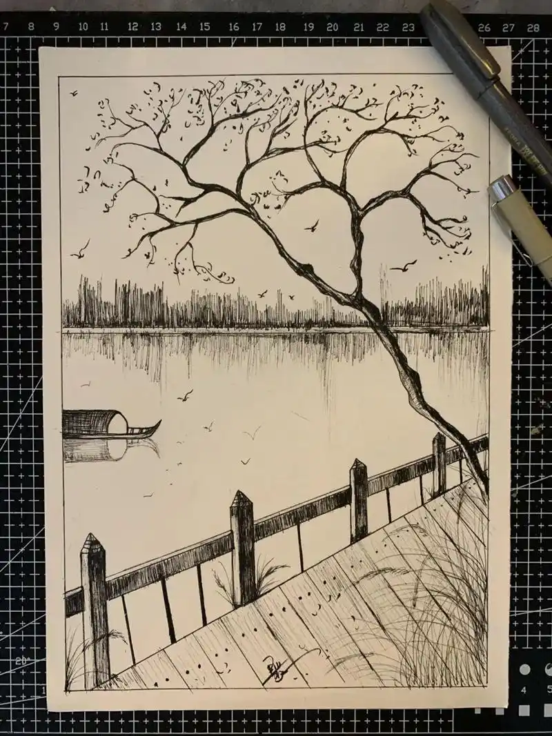 针管笔黑白风景画(含步骤)交个作业93 92普通素描纸 940.1  0.