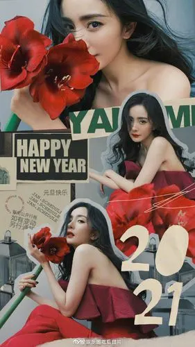 杨幂#2021年的贺新图,身穿一袭火红鱼尾裙,漂亮得如同手中娇艳欲档哪