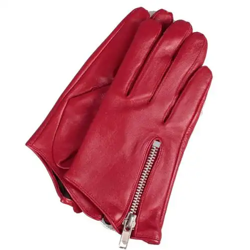 皮手套 女 冬季 开车 短款 时尚韩版 斜拉链 女士真皮手套 (m, 红色)