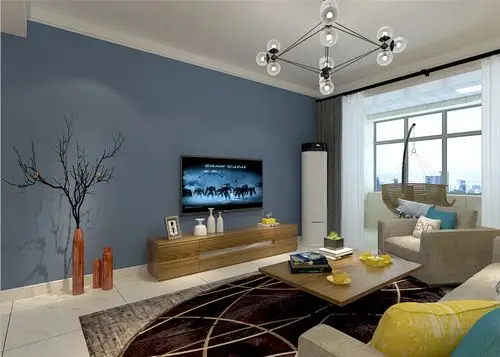 客厅的背景墙瞎用蓝灰色乳胶漆,沙发与餐厅背景墙搭配北欧挂画,家具