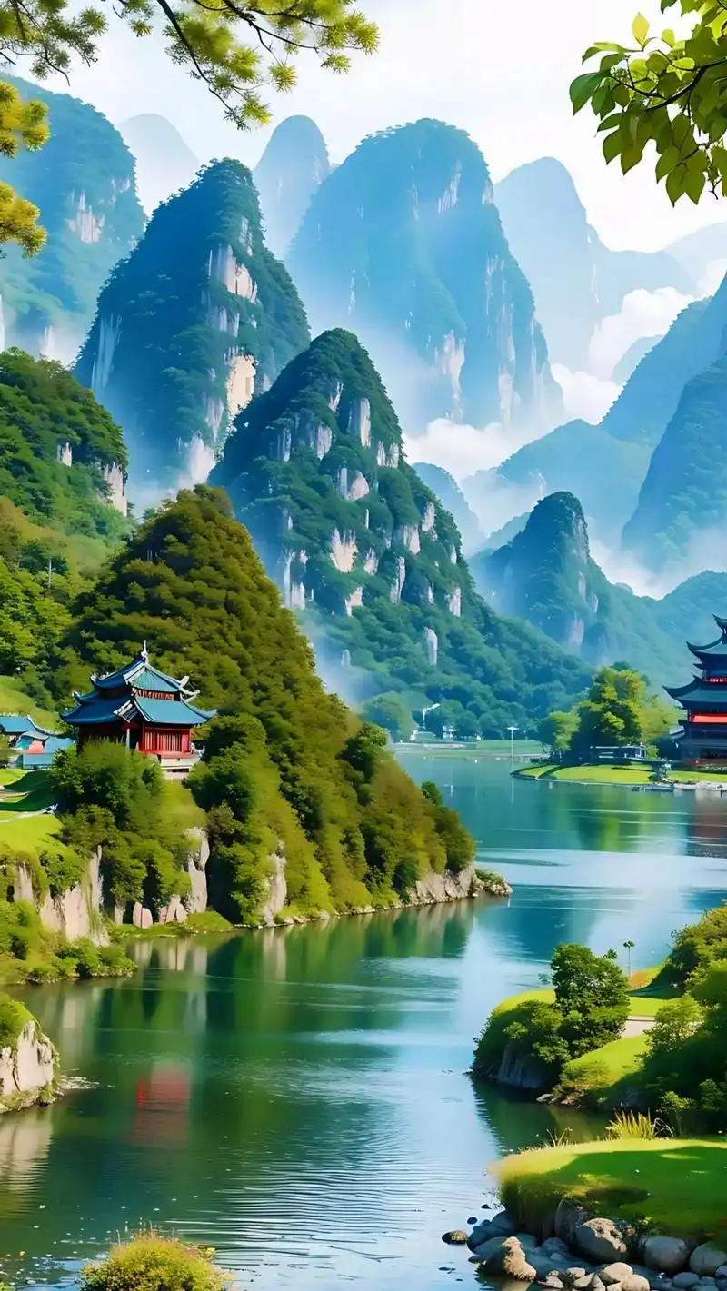 人间仙境世外桃源江南小镇,春天的桂林山水美景,青山绿水,红色的