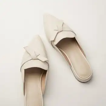 尖头平底鞋无后跟夏季包头半拖鞋女外穿穆勒鞋平底低跟皮质半托凉拖