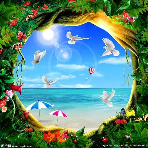 蓝天白云大海天花图片