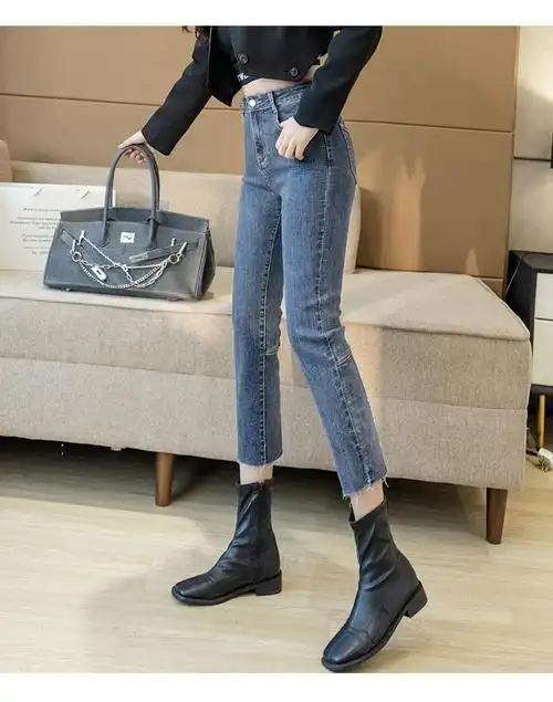 初春牛仔裤休闲港味高腰开叉牛仔裤女年春夏新款小个子直筒显瘦分烟管