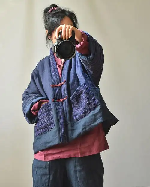 秋木叶/古古麦风格复古土布拼接开衫短棉服 撞色加棉盘扣宽松棉衣
