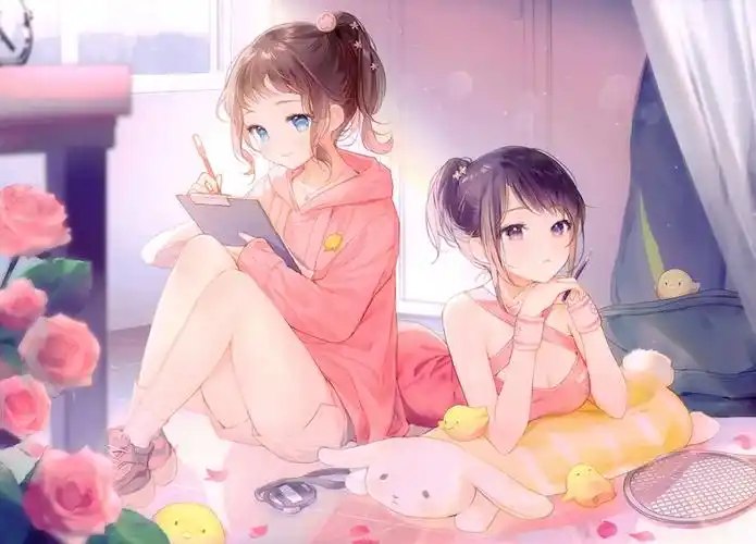 两个可爱女孩 画画 写字 玫瑰花