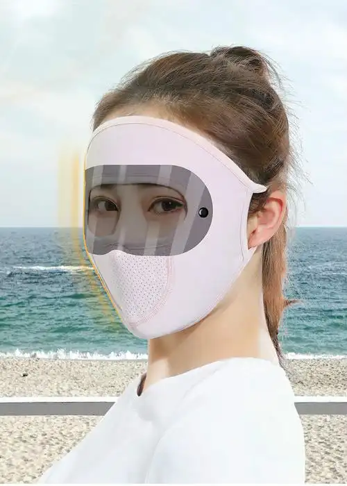遮阳面罩男薄款面部透气护目眼镜款防护面罩脸基尼粉色1套配双色镜片