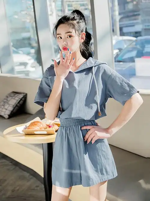 韩都衣舍2019韩版女装夏装新款休闲纯色连帽时尚套装