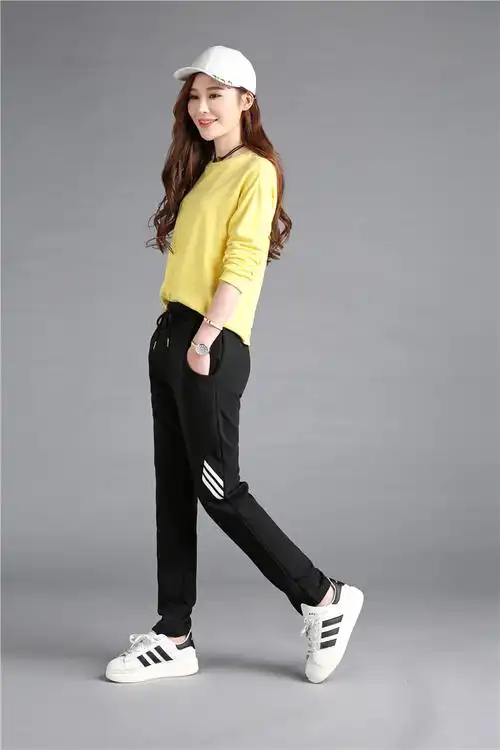 d-605深色显瘦休闲裤运动裤直筒跑步裤子女 三道杠大码松紧腰长裤